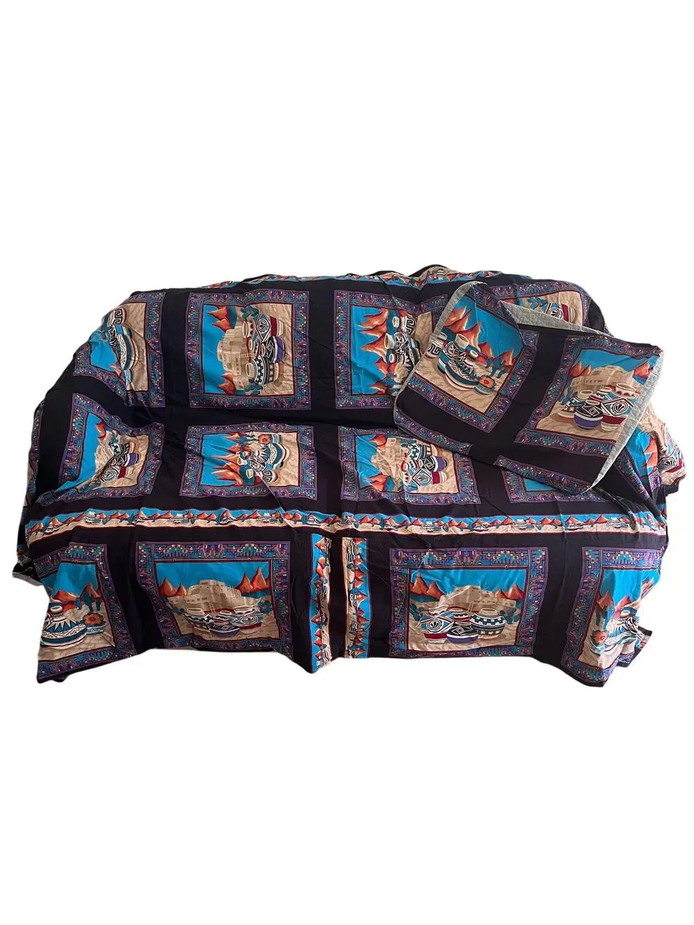 Vintage Cranston Print Works Aztec Southwestern Love Seat Slip Cover & Pillow